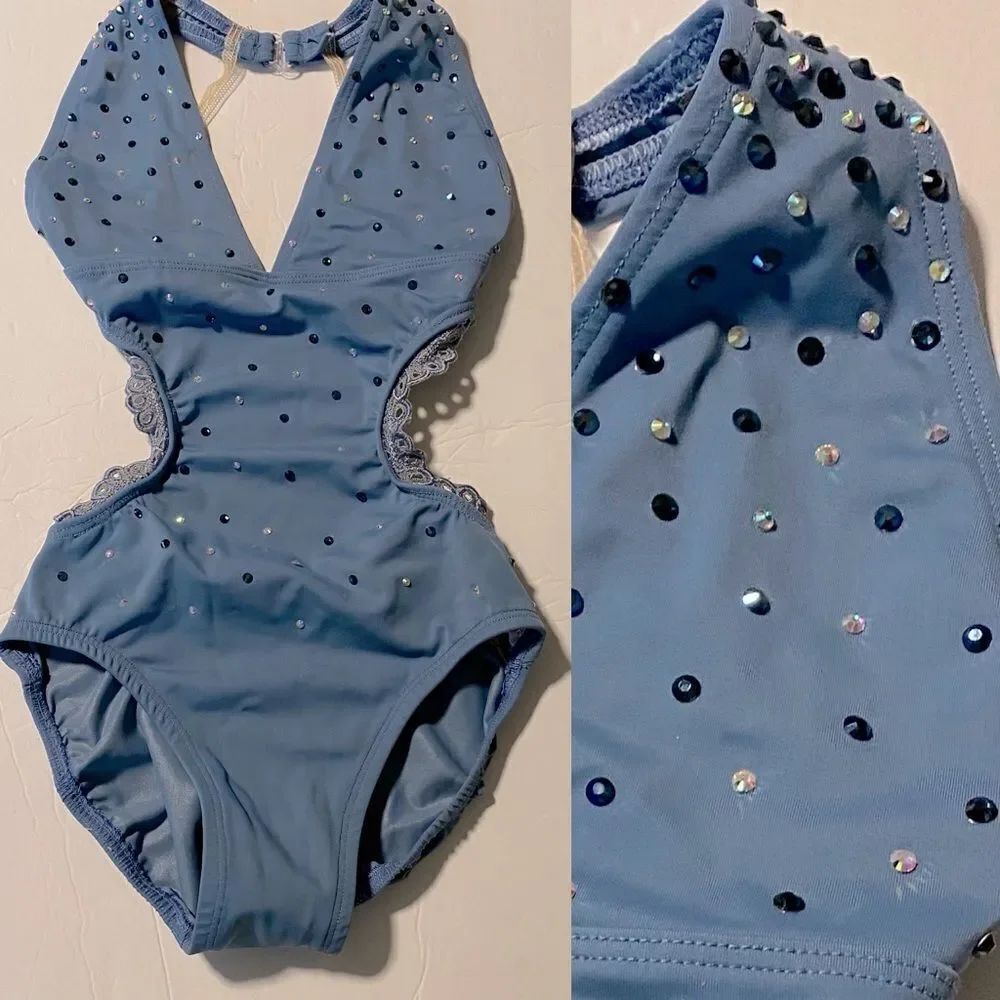 Custom solo dance costume slate blue rhinestoned cut out leotard lace trim MC